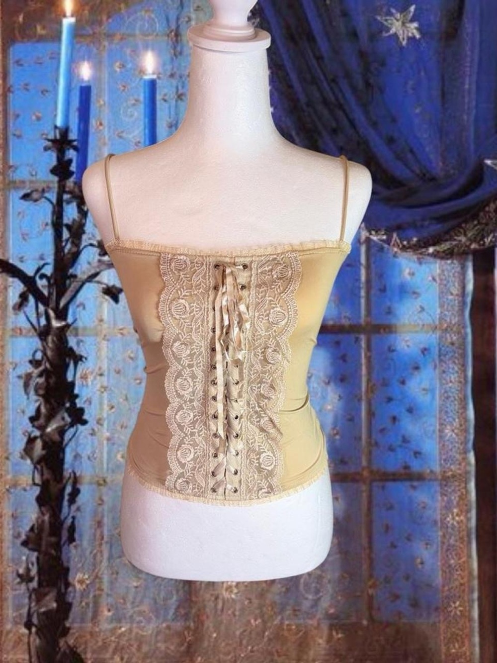 Vintage Y2K Deadstock Beige Fairycore Coquette Lacey Rose Design Corset Top